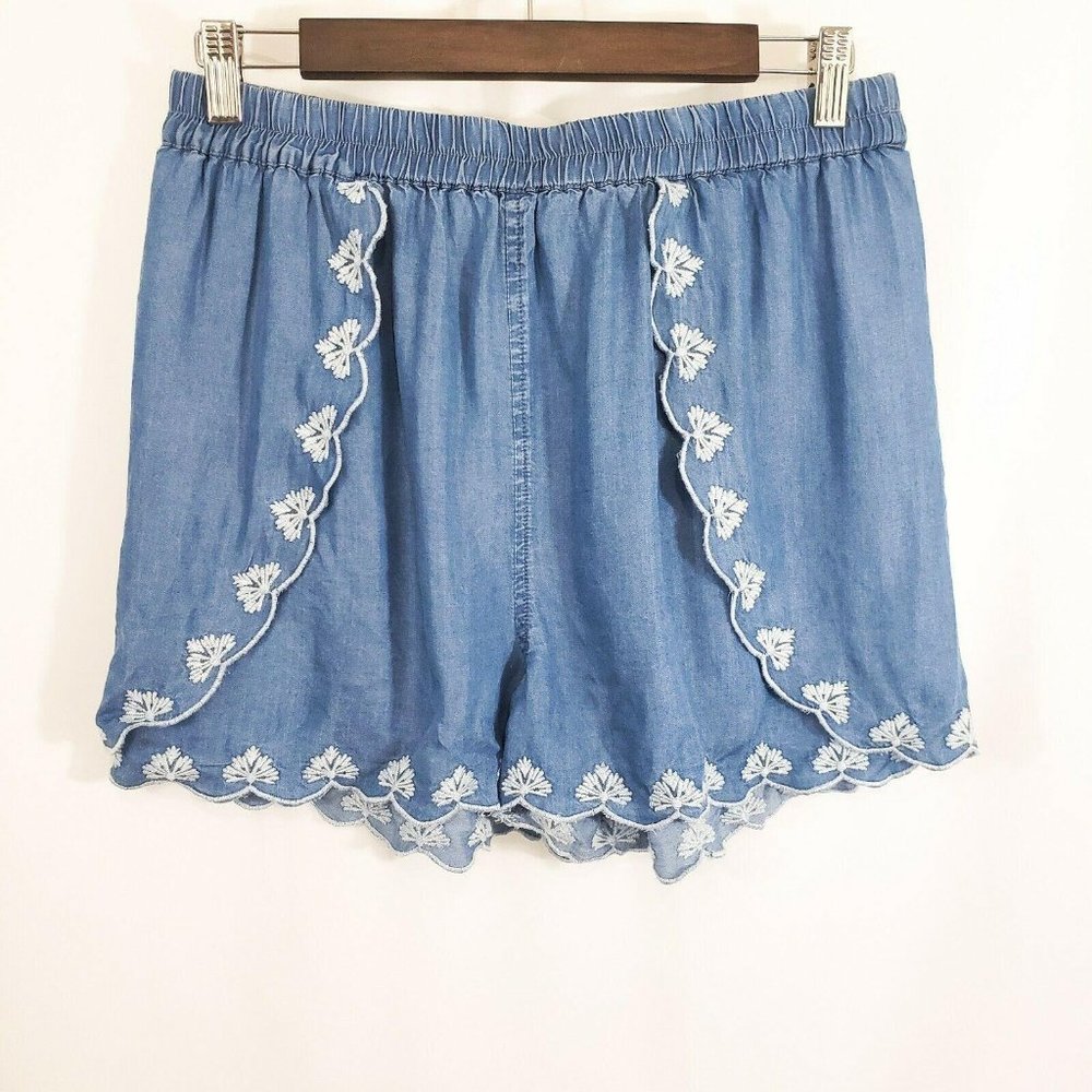 Blue Embroidered Chambray Women's Shorts